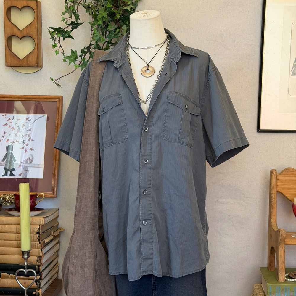 Gray Striped Cotton Shirt Short Sleeve Indie Grunge Oversized L Emo Skater Faded